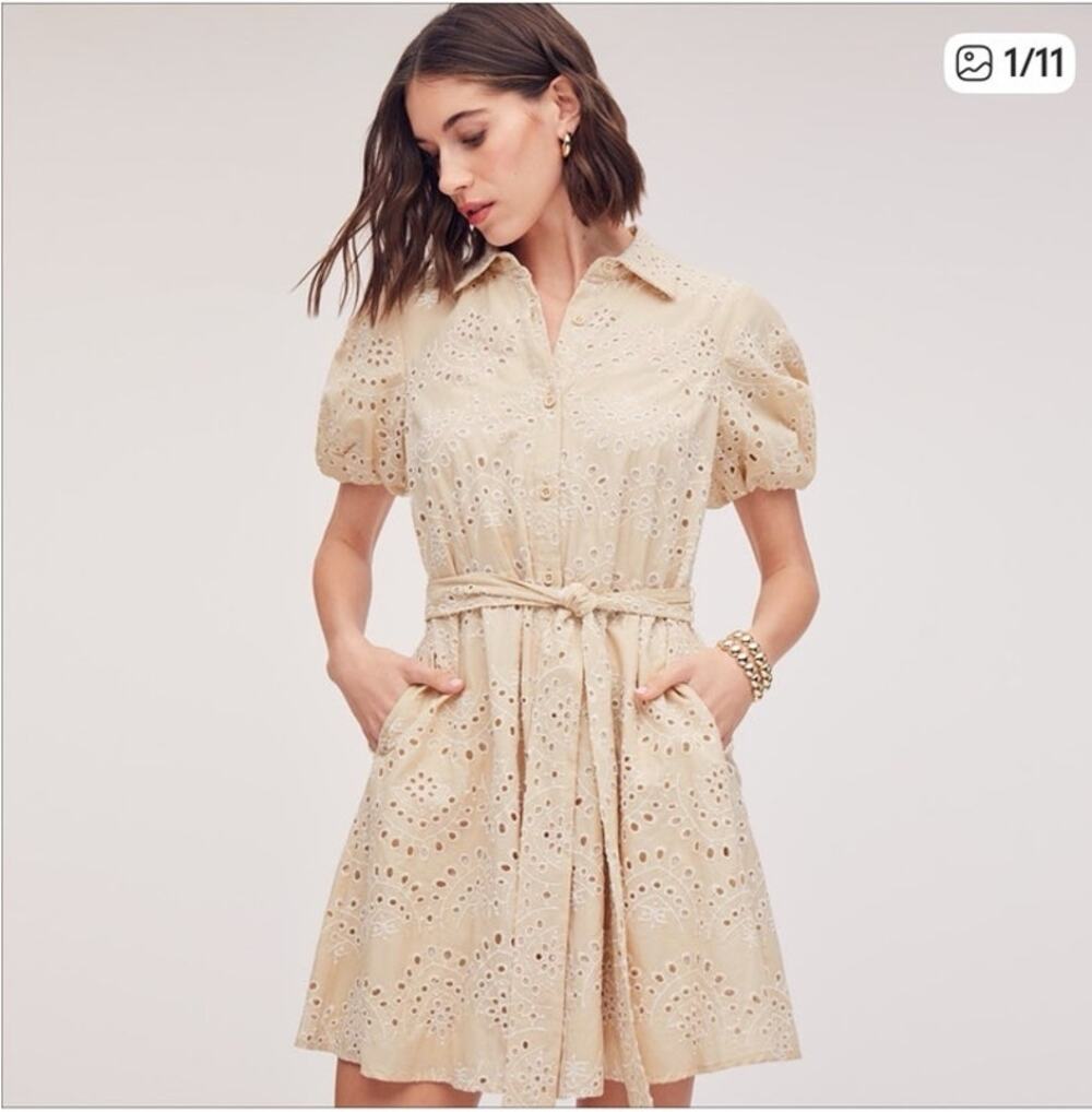 Sam Edelman Beige Mini Puff Sleeve Eyelet Shirtdress Belted Waist Approx Size L